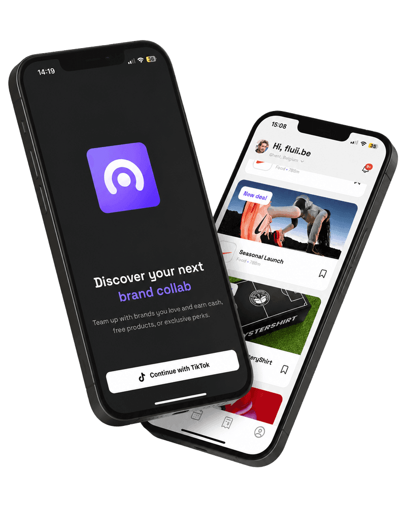 Fluii app: creators koppelen hun TikTok, kiezen een campagne van een lokale zaak en ontvangen een kortingscode op basis van hun bereik